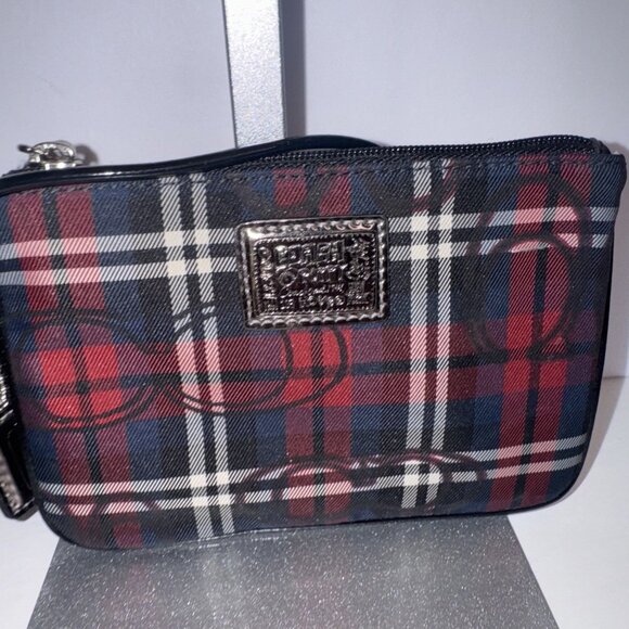 Coach Poppy Red Black Navy Shimmering Tartan Plaid Wristlet Wallet 4.5x6” EUC - Picture 1 of 5